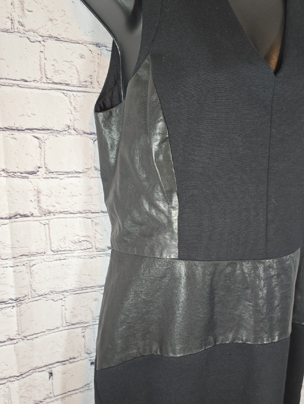 DKNY Black Midi Dress with Real Leather Panels Size 8 - Picture 7 of 12